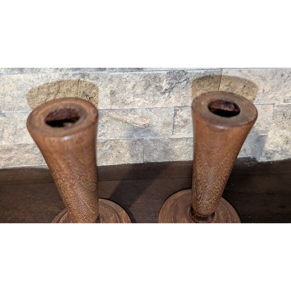 Vintage 1983 Pair of Hand Turned Wood Tapered Candlestick Holders 5 inches - Picture 2 of 3